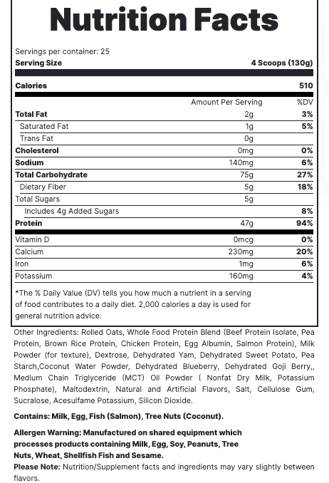 MRE Meal Replacement, Whole Food Protein (7 LB) - Waffles and Syrup Supplement Facts