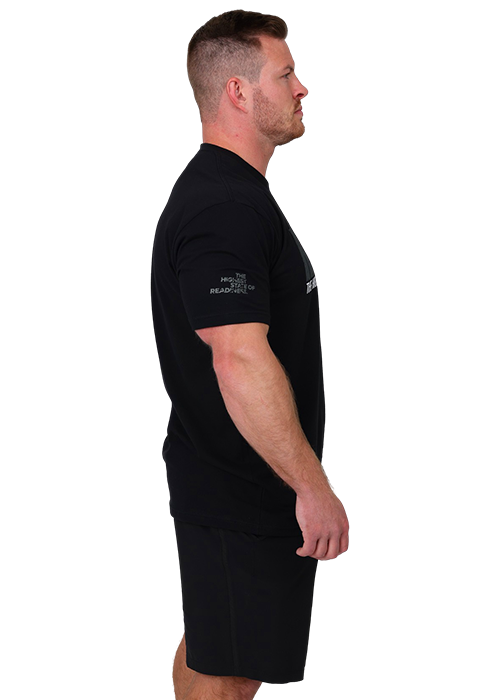 Premium Heather Black Out OG Shirt With Model Side View The Highest State Of Readiness on Sleeve