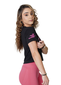 Premium Flowy Black & Pink Crop Model Side View With The Highest State of Readiness on Sleeve