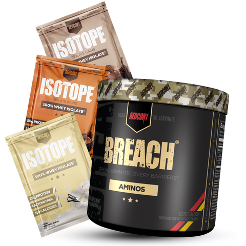REDCON1 Breach BCAA + 3 Isotope Protein Sample Packs (Flavors Vanilla, Peanut Butter Chocolate, and Chocolate)